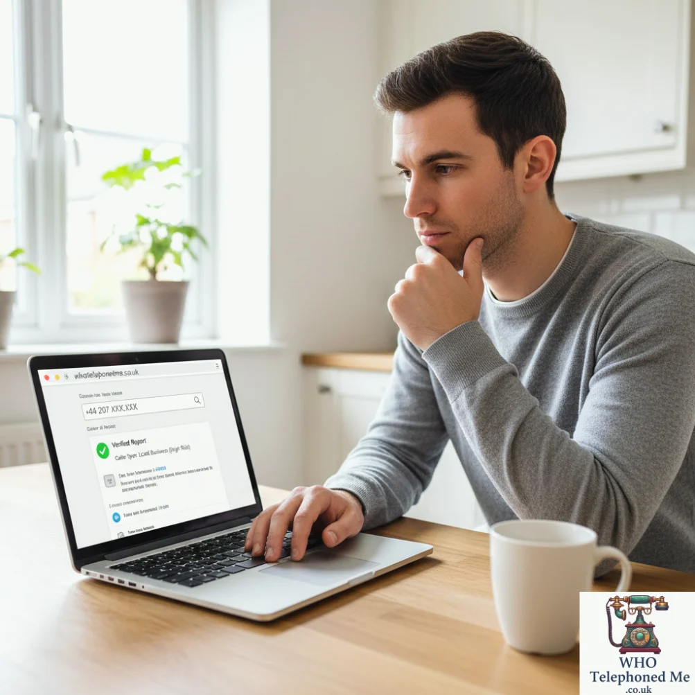 How to find out who phoned me UK – step by step guide showing person using laptop to reverse search UK phone number