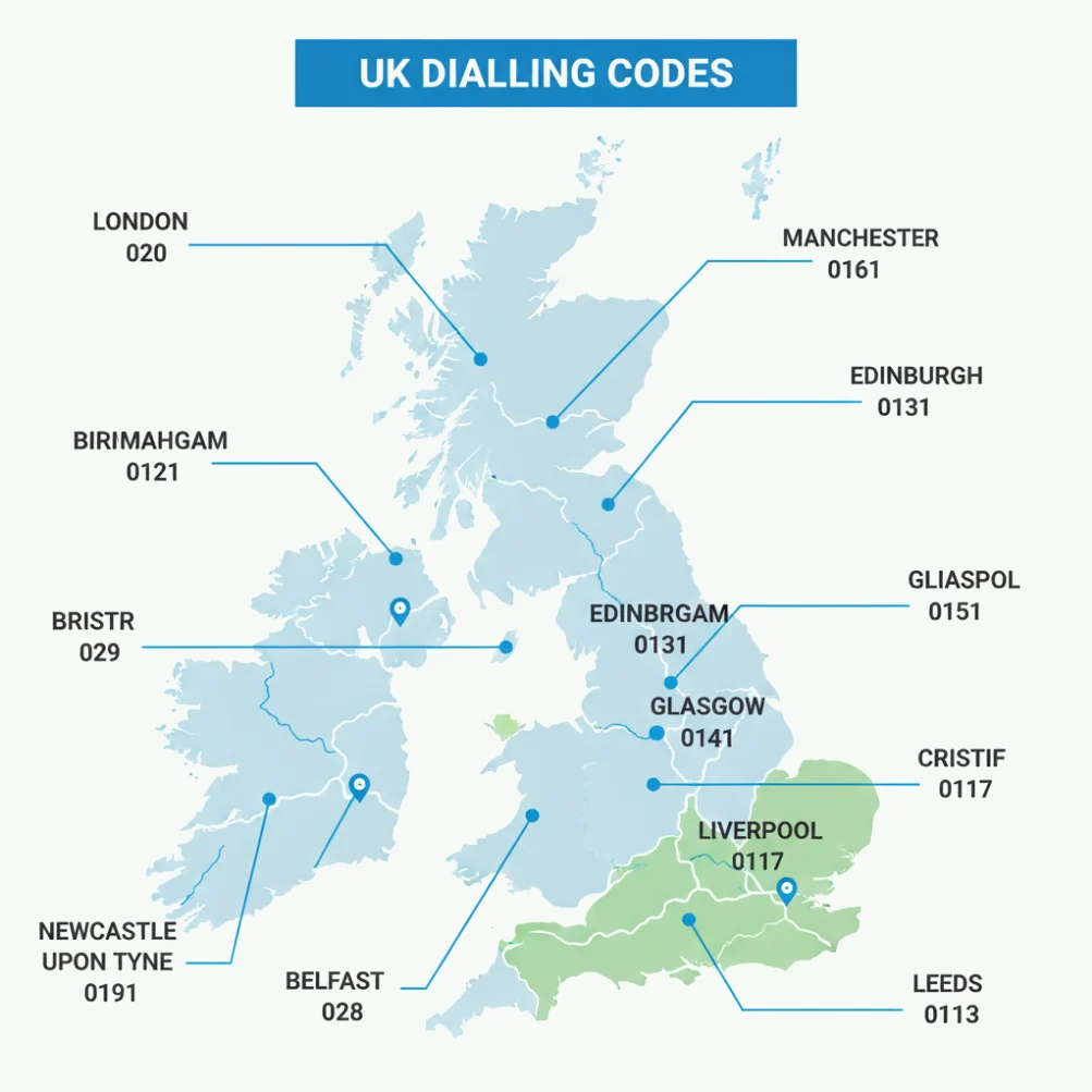 UK dialling codes map showing regional phone number prefixes – who telephoned me from which UK area code