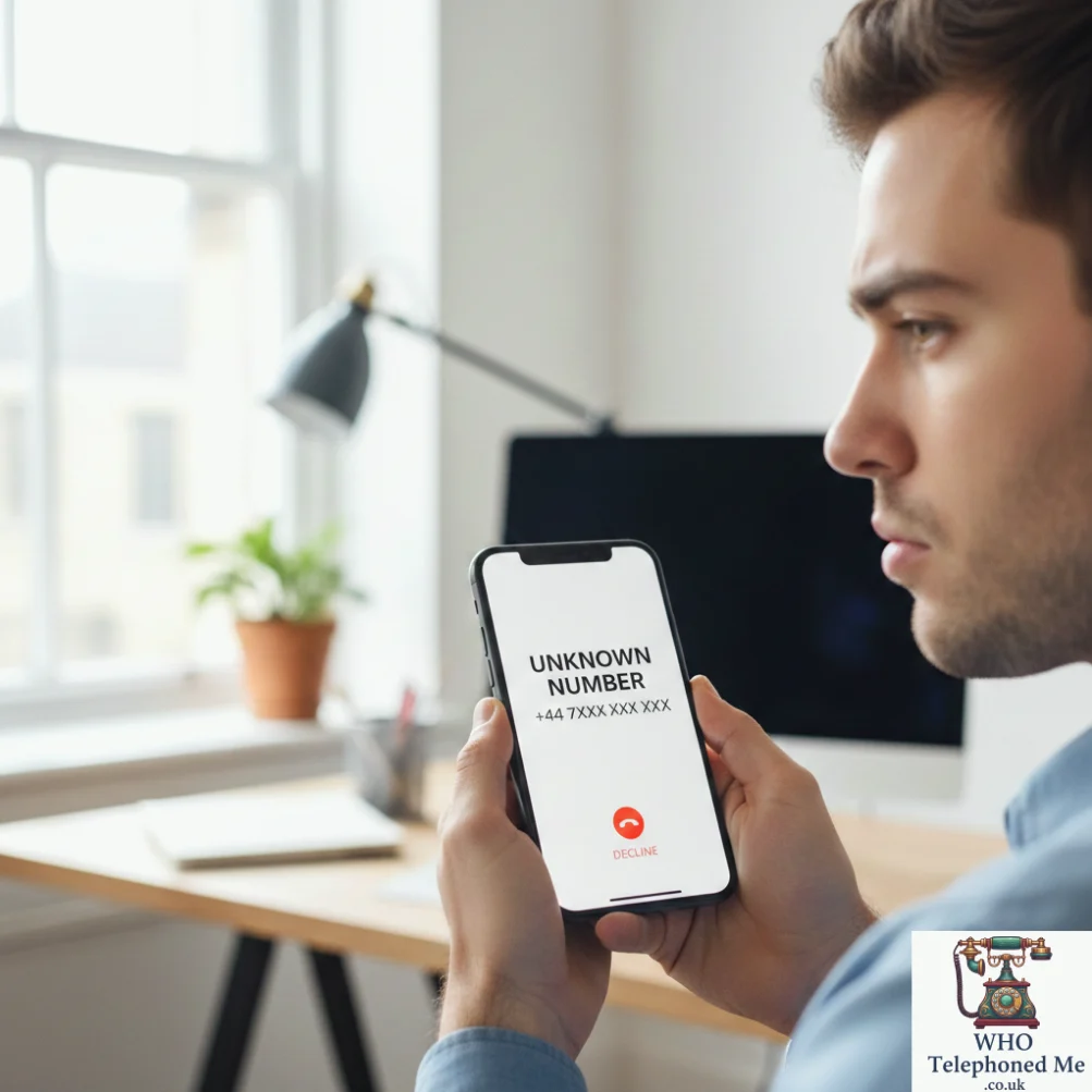 Who telephoned me UK – person holding smartphone showing unknown caller on screen, free reverse phone number lookup service