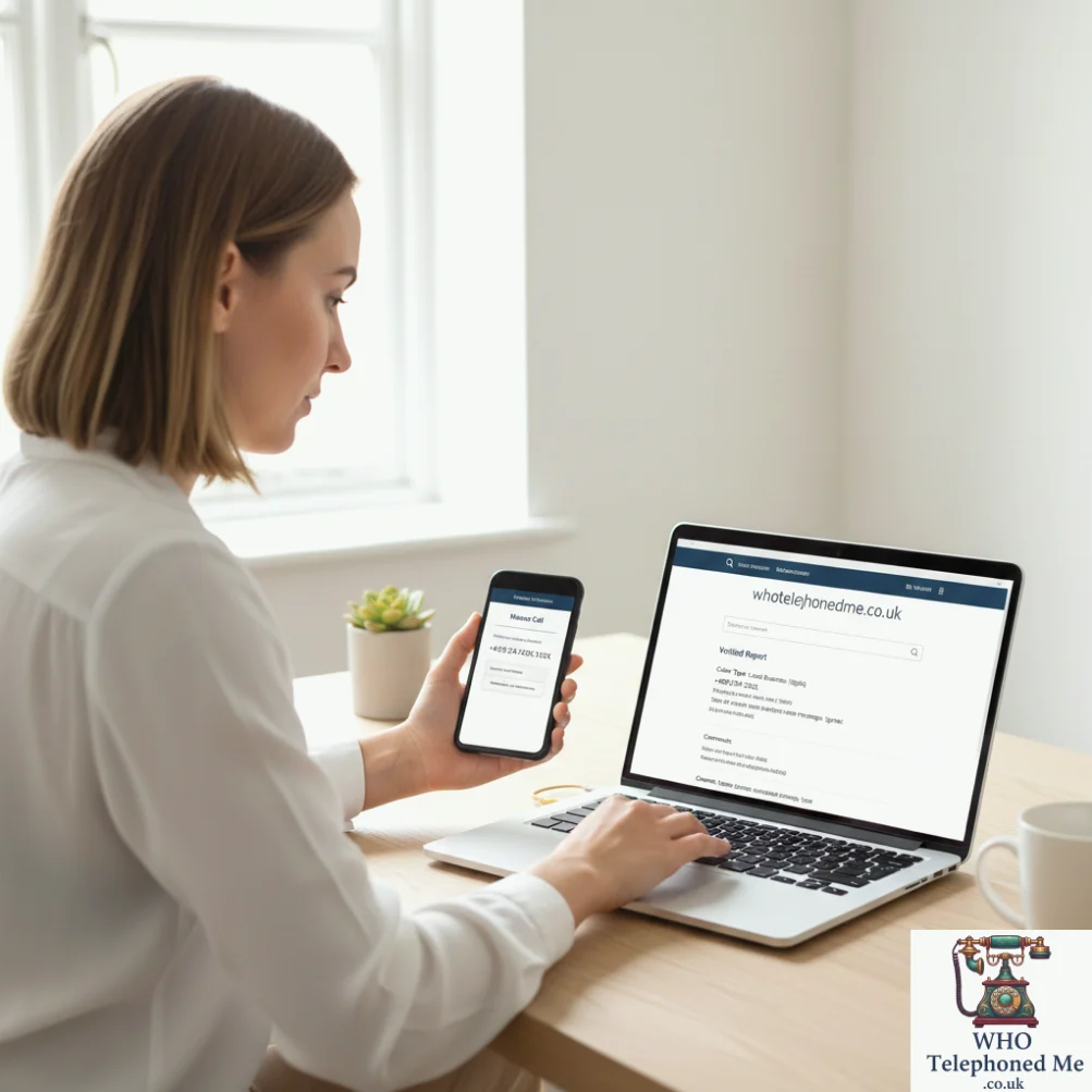 Who telephoned me UK – person using laptop and smartphone to look up unknown phone number using free reverse lookup